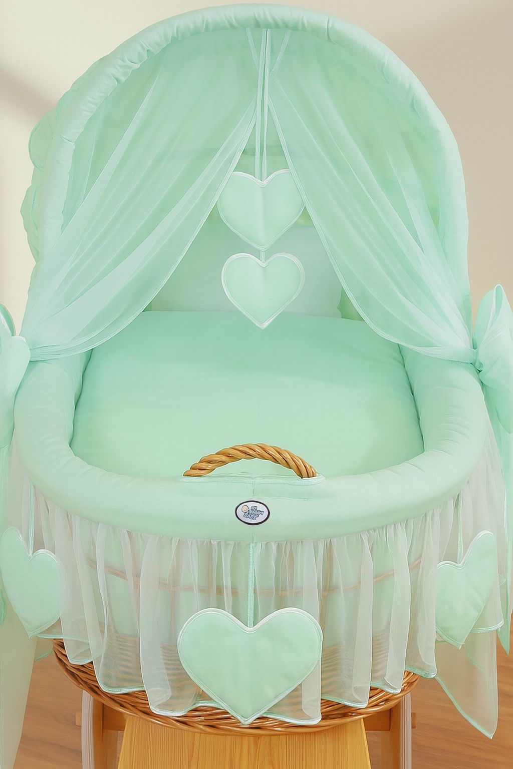 Moses Basket Wicker hood crib Amelie - natural + mint bedding