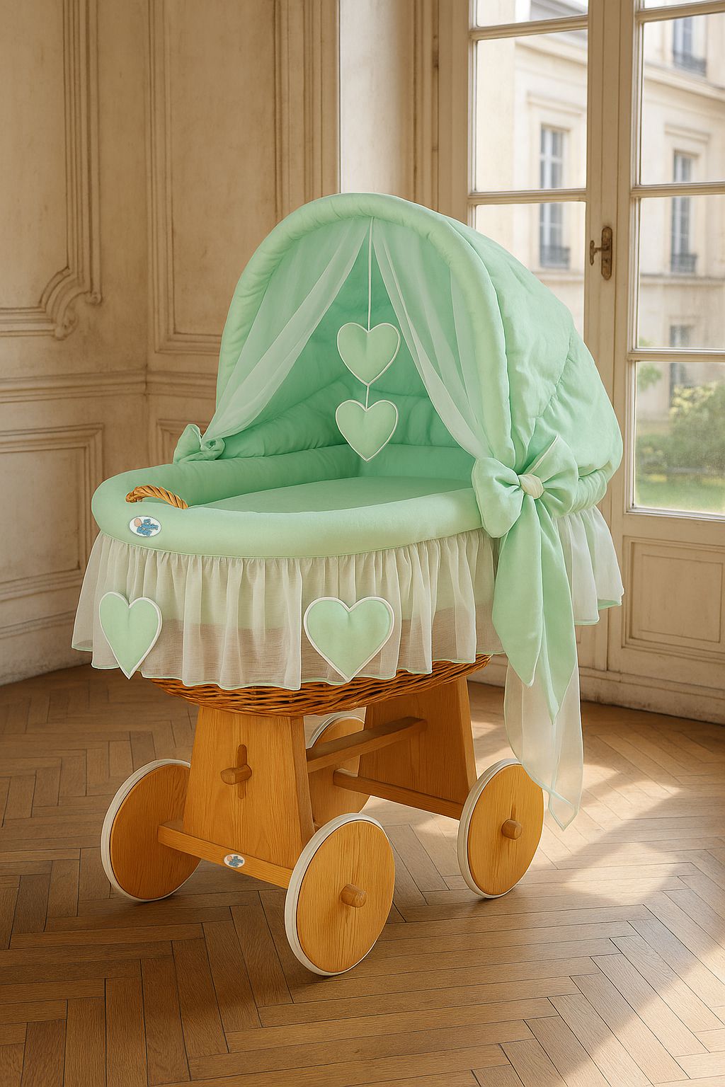 Moses Basket Wicker hood crib Amelie - natural + mint bedding