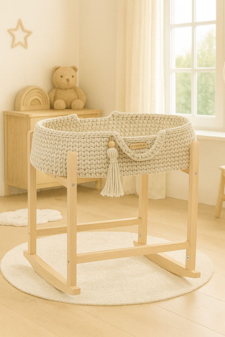 Moses basket BOHO cotton doll carrier with cradle - light beige