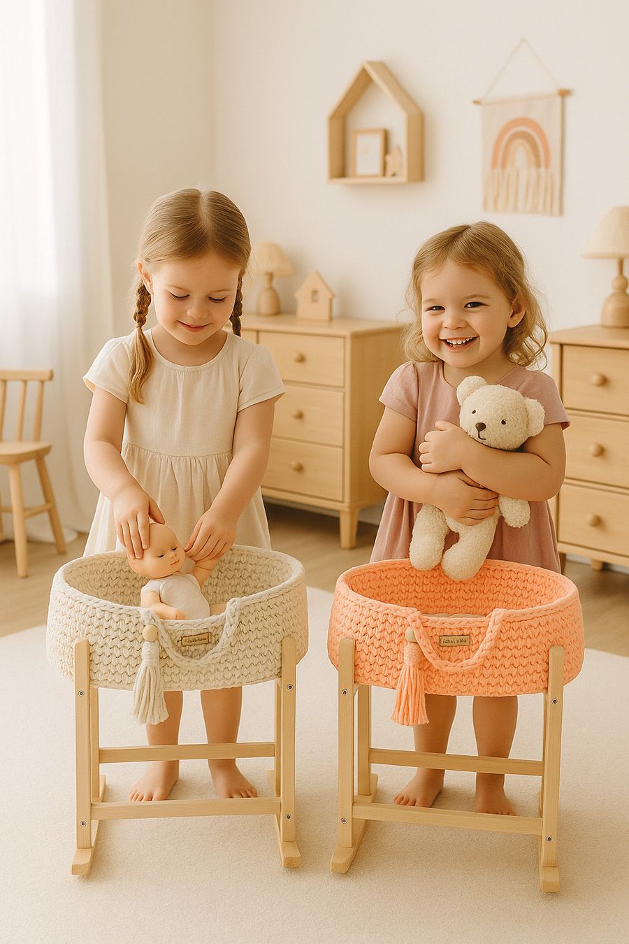 Moses basket BOHO cotton doll carrier with cradle - light beige