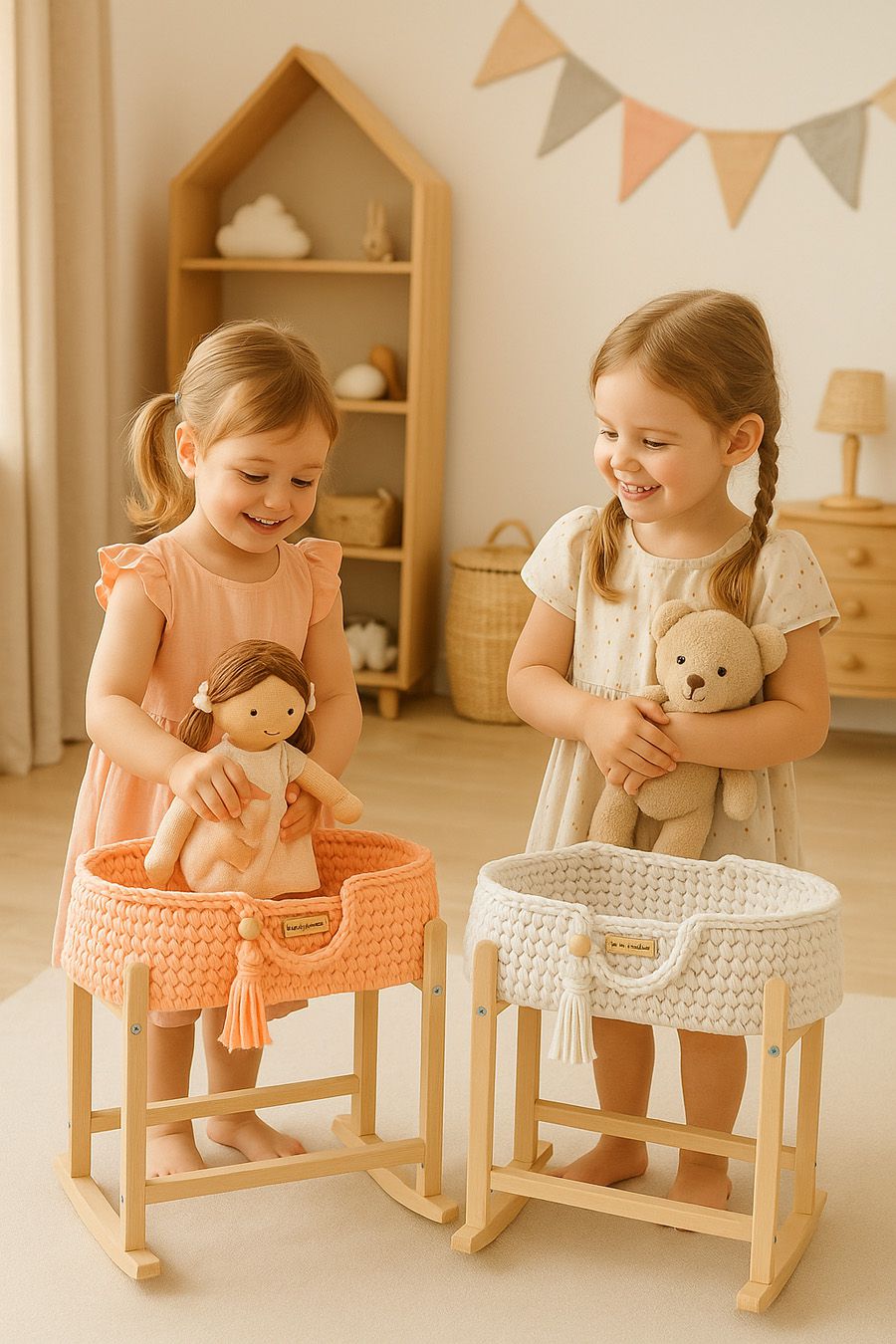 Moses basket BOHO cotton doll carrier with cradle - peach