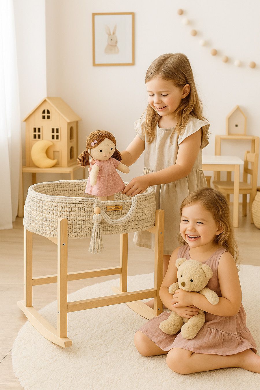 Moses basket BOHO cotton doll carrier with cradle - light beige