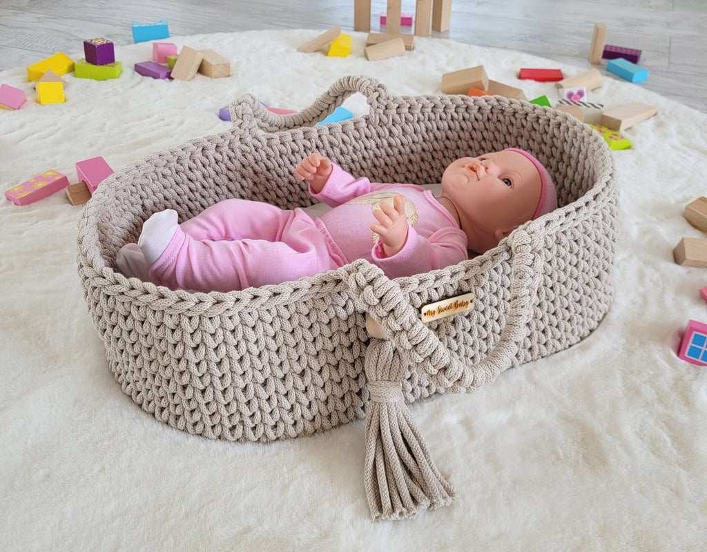 Moses basket BOHO cotton doll carrier with cradle - light beige