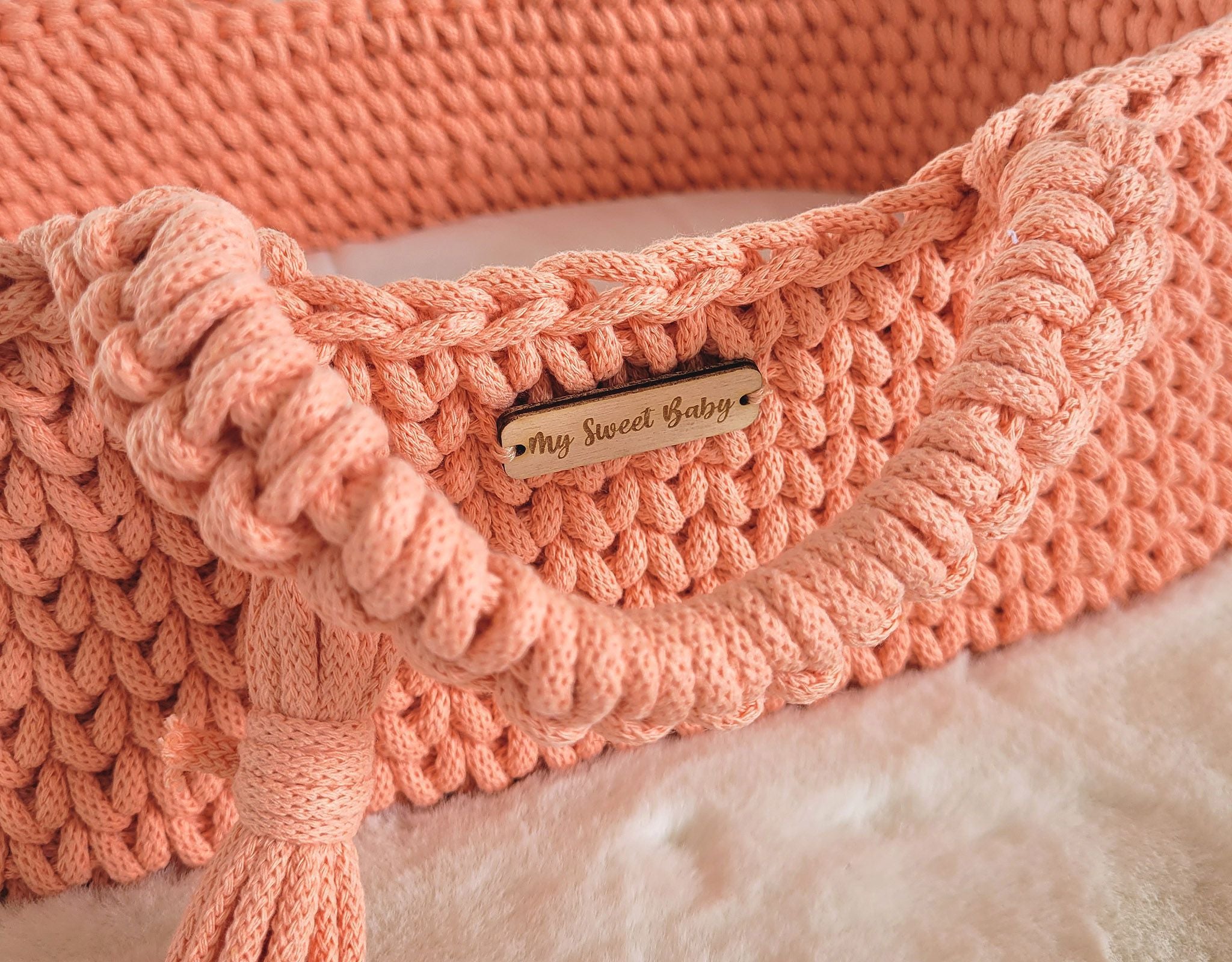 Moses basket BOHO cotton doll carrier with cradle - peach