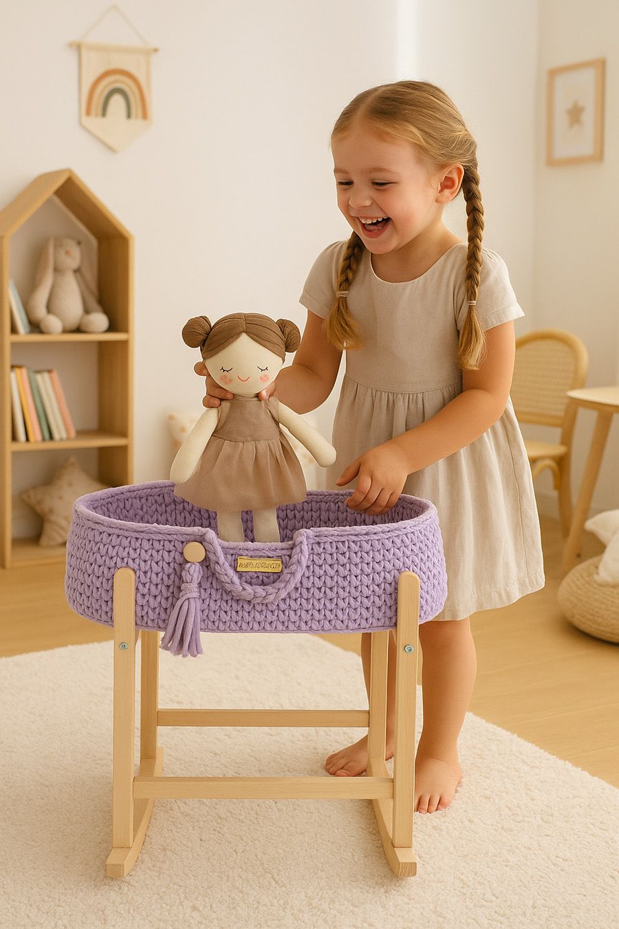 Moses basket BOHO cotton doll carrier with cradle - purple