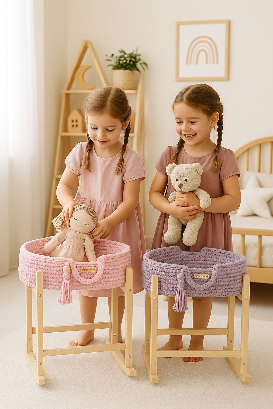 Moses basket BOHO cotton doll carrier with cradle - pink
