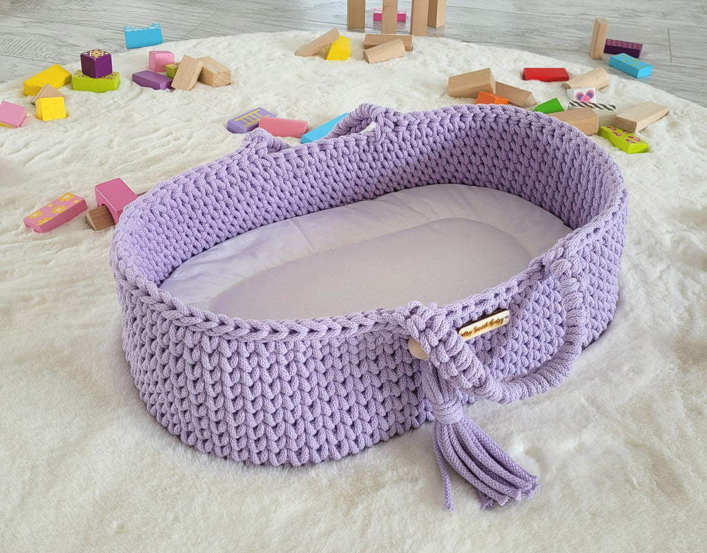 Moses basket BOHO cotton doll carrier with cradle - purple