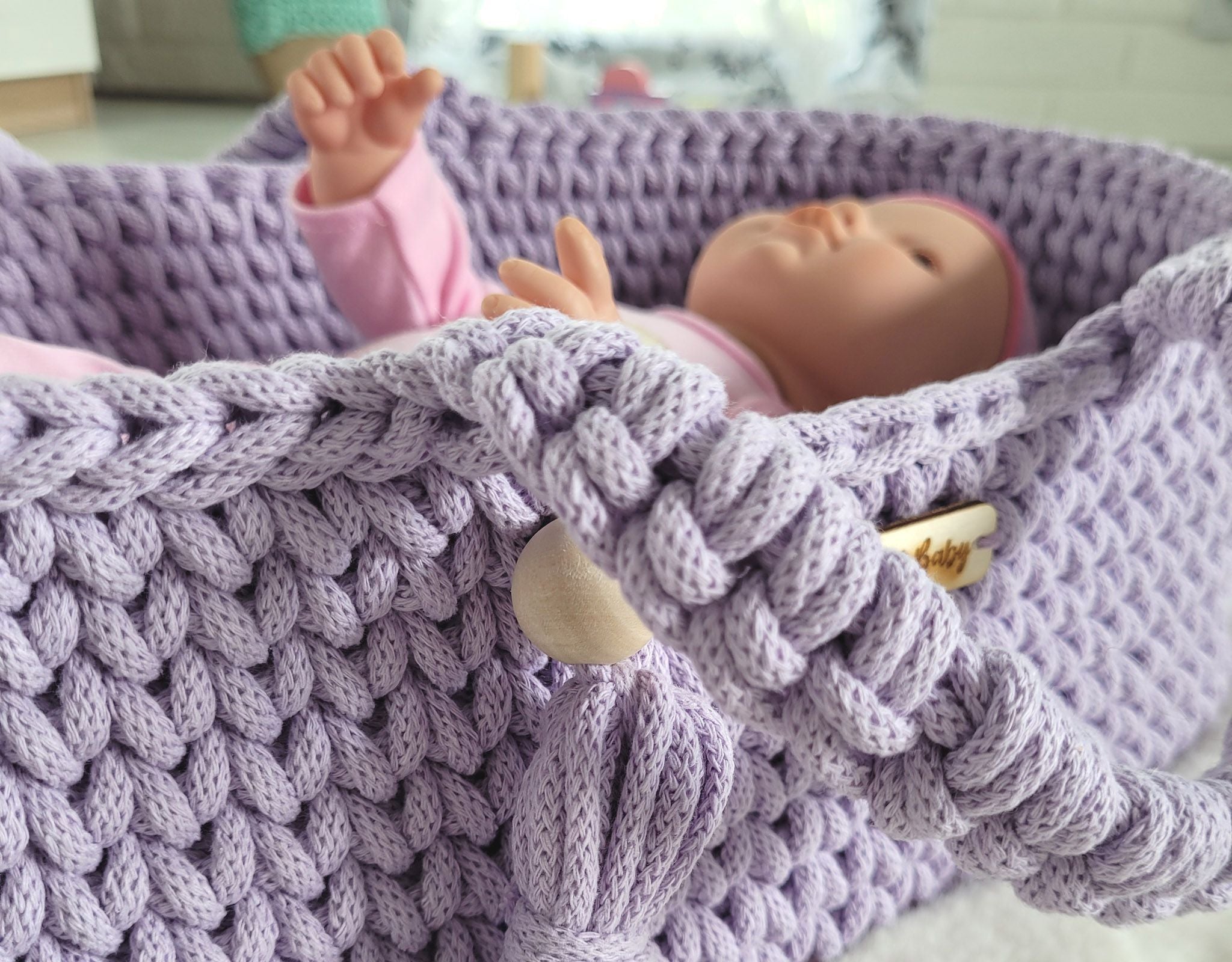 Moses basket BOHO cotton doll carrier with cradle - purple