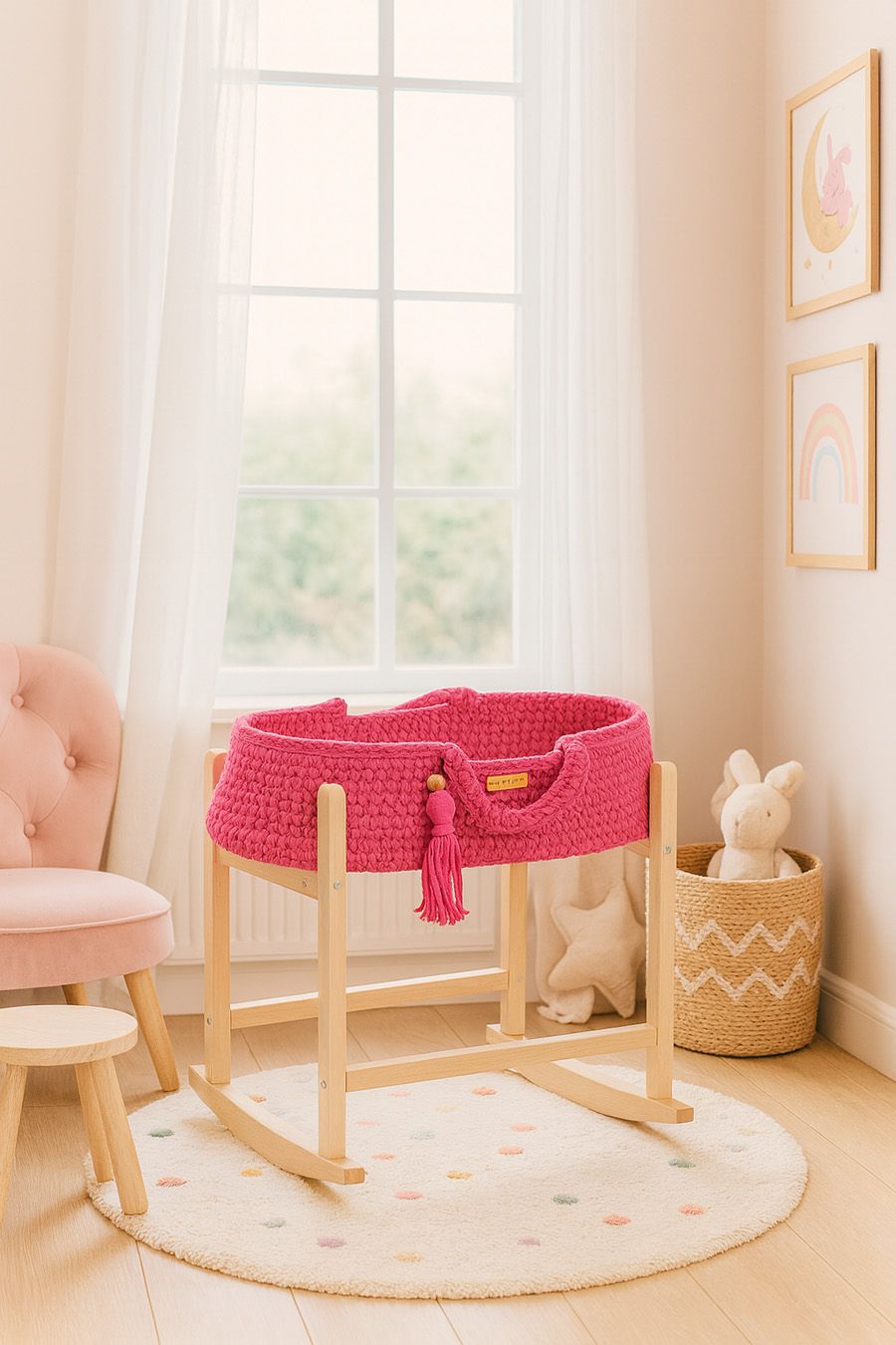 Moses basket BOHO cotton doll carrier with cradle - fuchsia