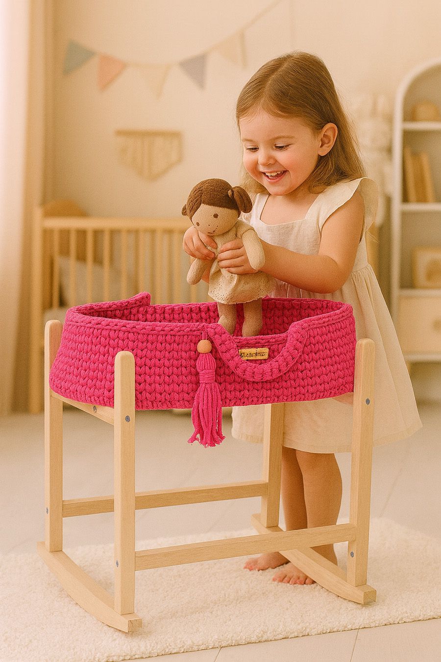 Moses basket BOHO cotton doll carrier with cradle - fuchsia