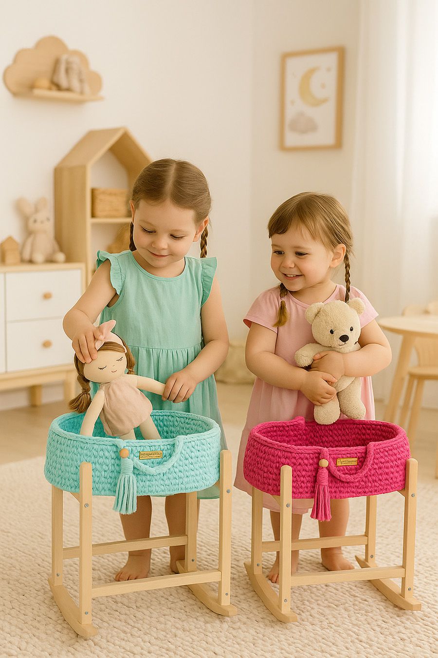 Moses basket BOHO cotton doll carrier with cradle - fuchsia