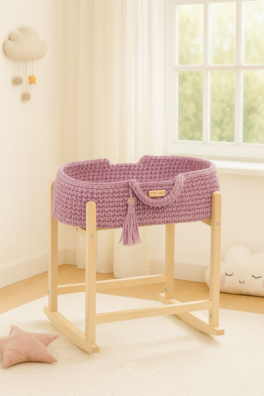 Moses basket BOHO cotton doll carrier with cradle - lavender