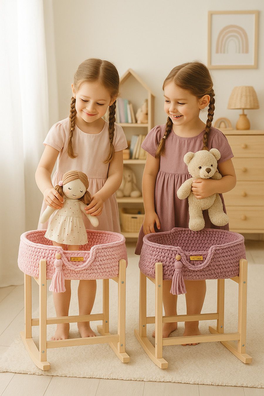 Moses basket BOHO cotton doll carrier with cradle - pink