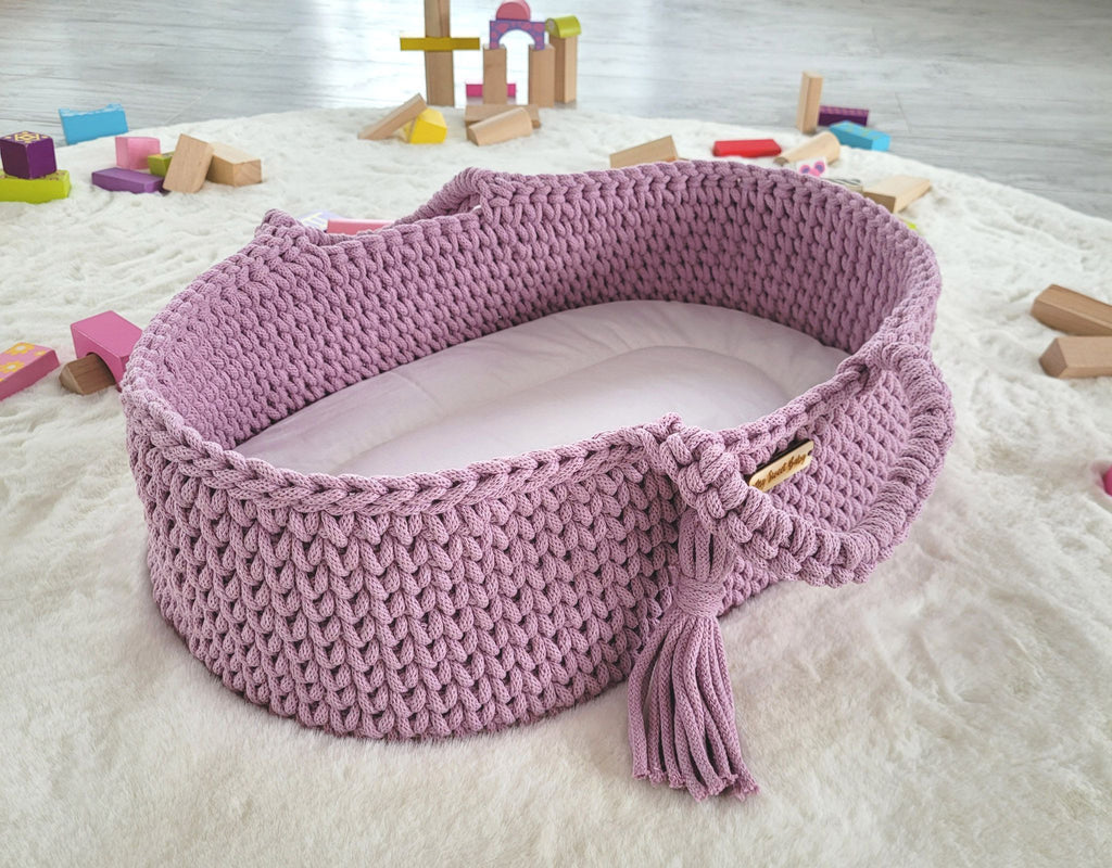 Moses basket BOHO cotton doll carrier with cradle - lavender