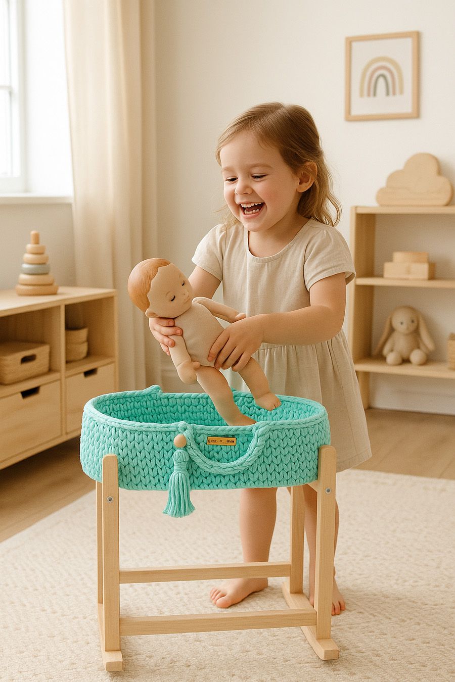 Moses basket BOHO cotton doll carrier with cradle - mint