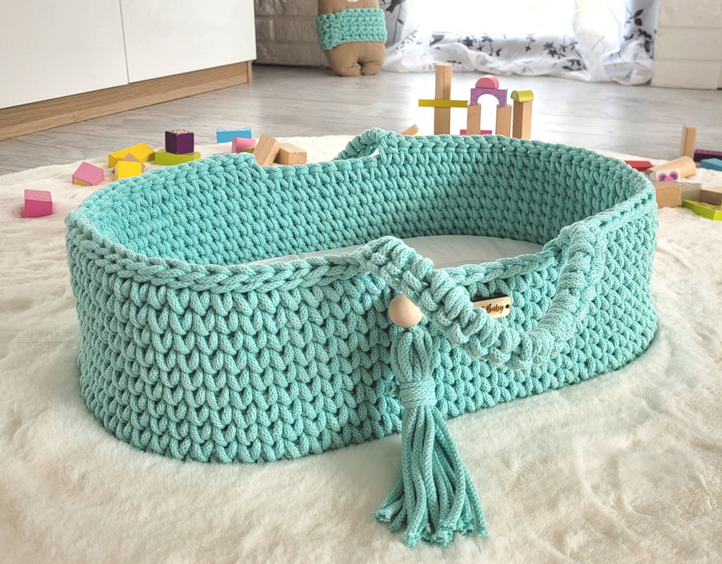 Moses basket BOHO cotton doll carrier with cradle - mint
