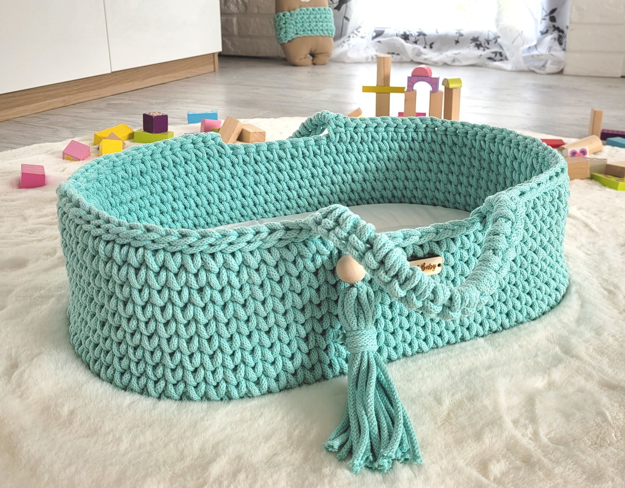 Moses basket BOHO cotton doll carrier with cradle - mint