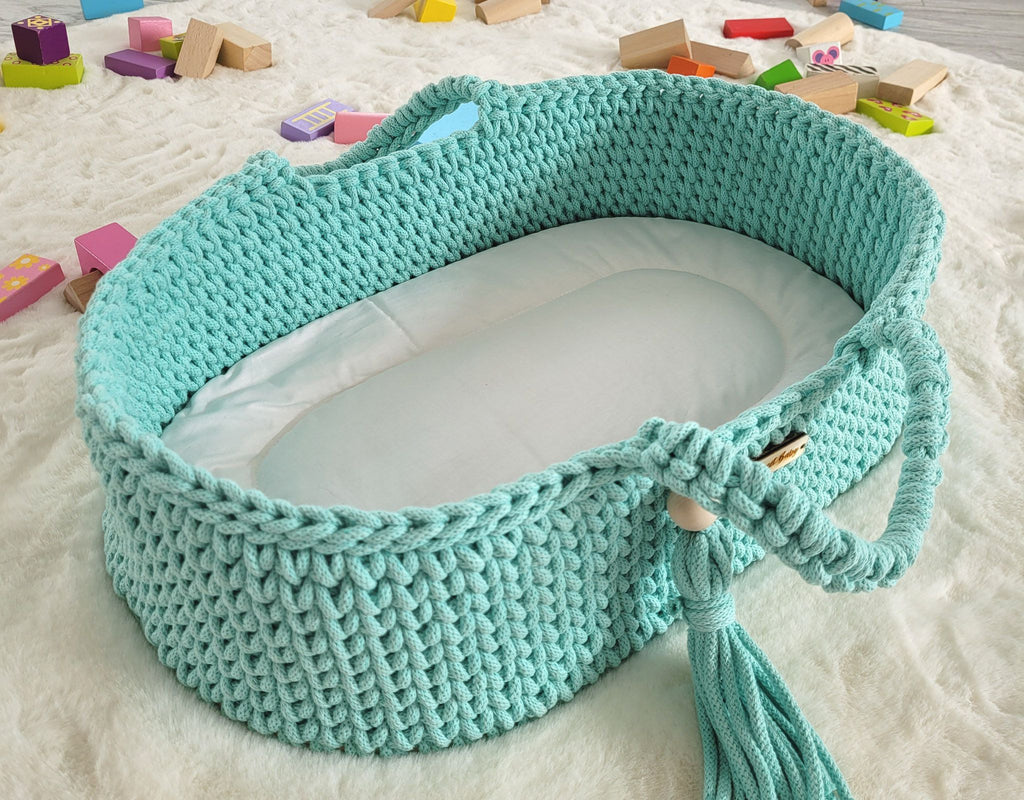 Moses basket BOHO cotton doll carrier with cradle - mint