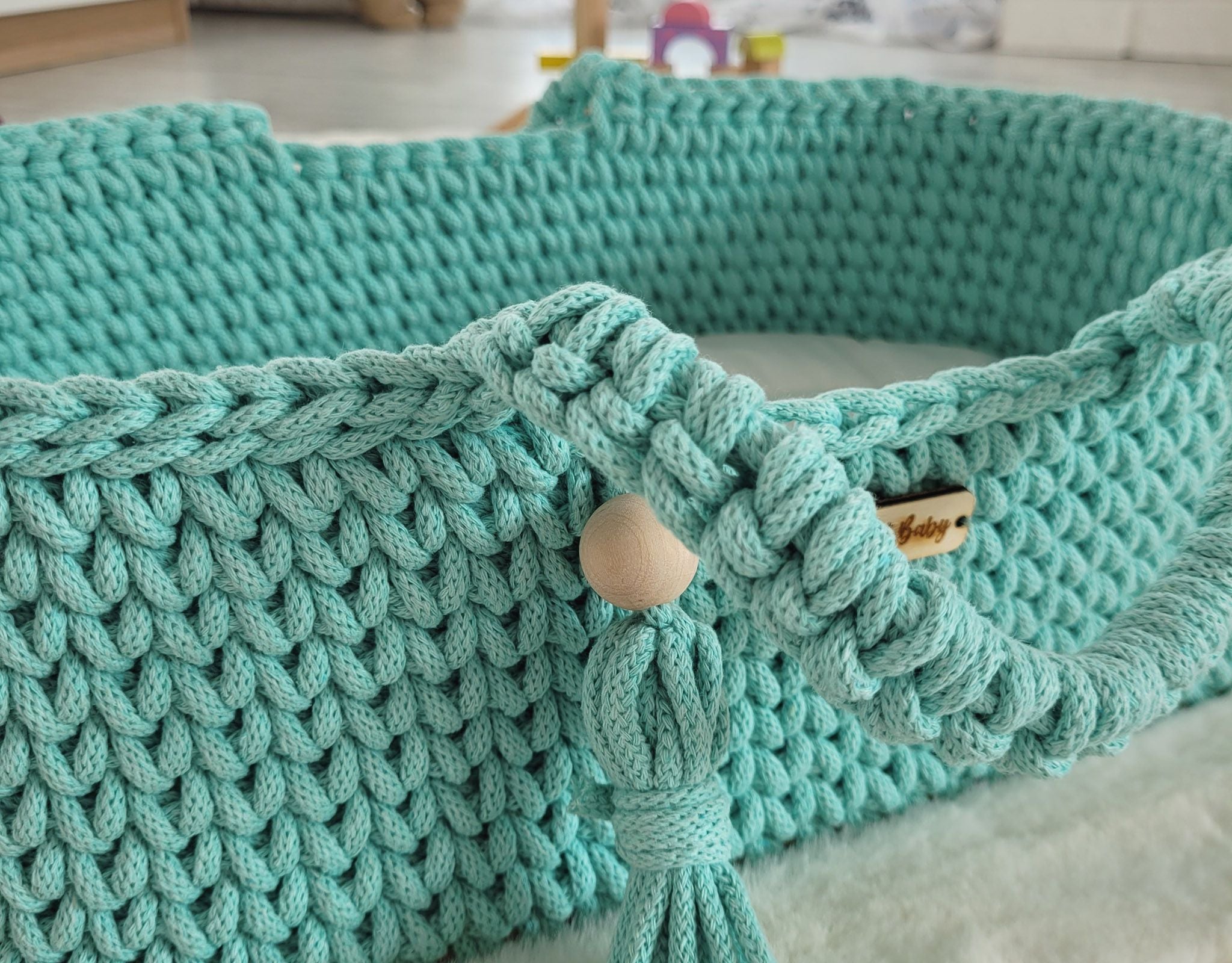 Moses basket BOHO cotton doll carrier with cradle - mint