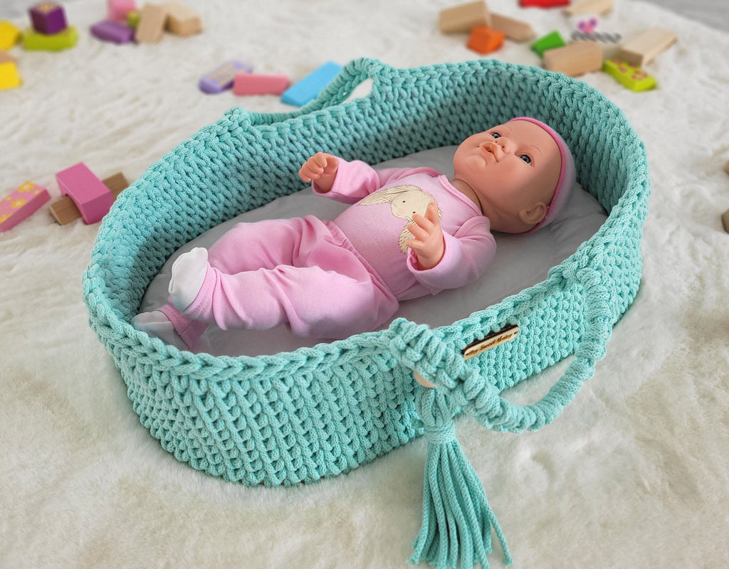Moses basket BOHO cotton doll carrier with cradle - mint