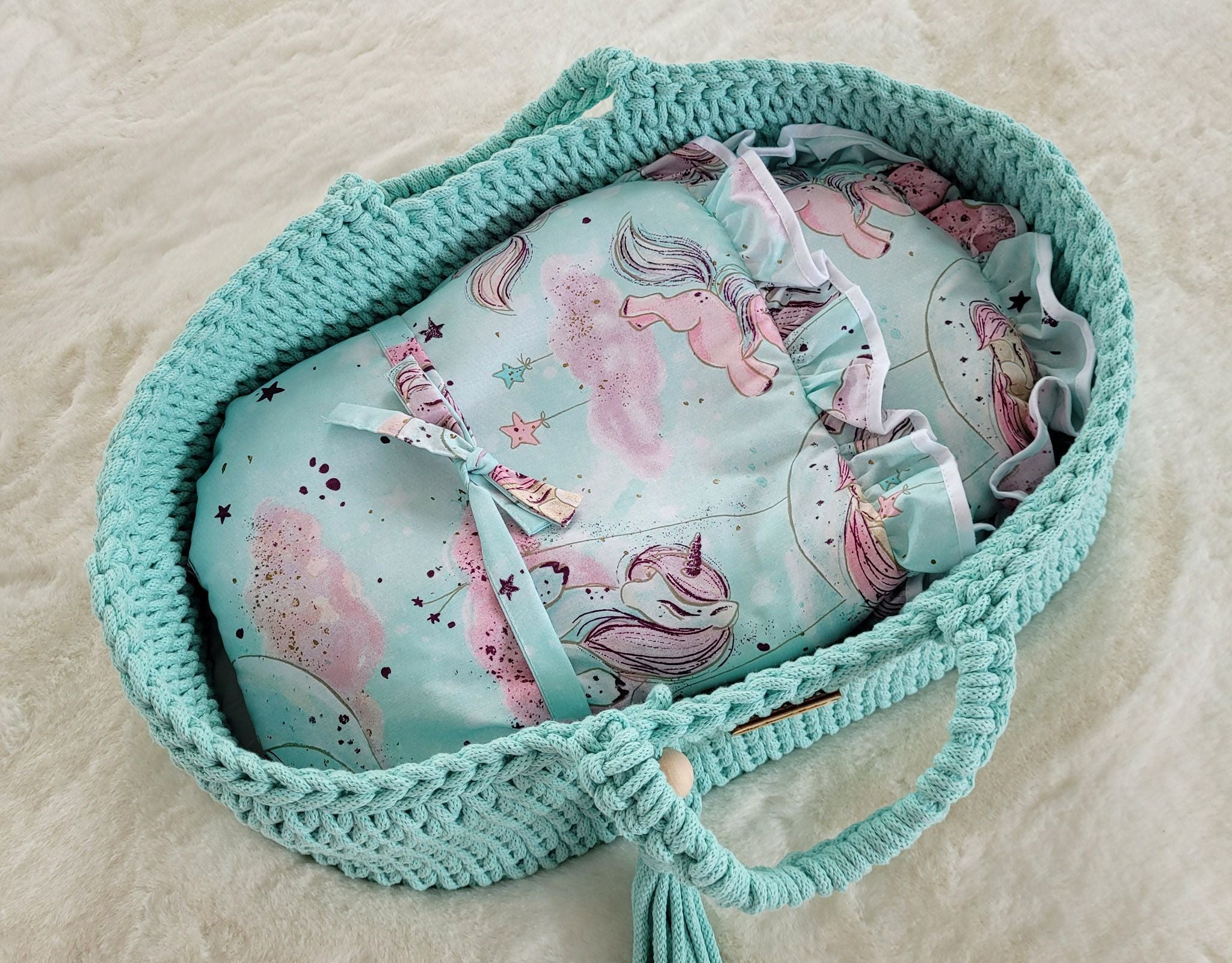 Moses basket BOHO cotton doll carrier with cradle - mint