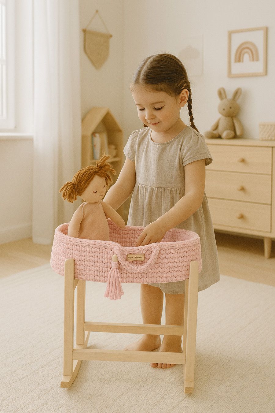Moses basket BOHO cotton doll carrier with cradle - pink