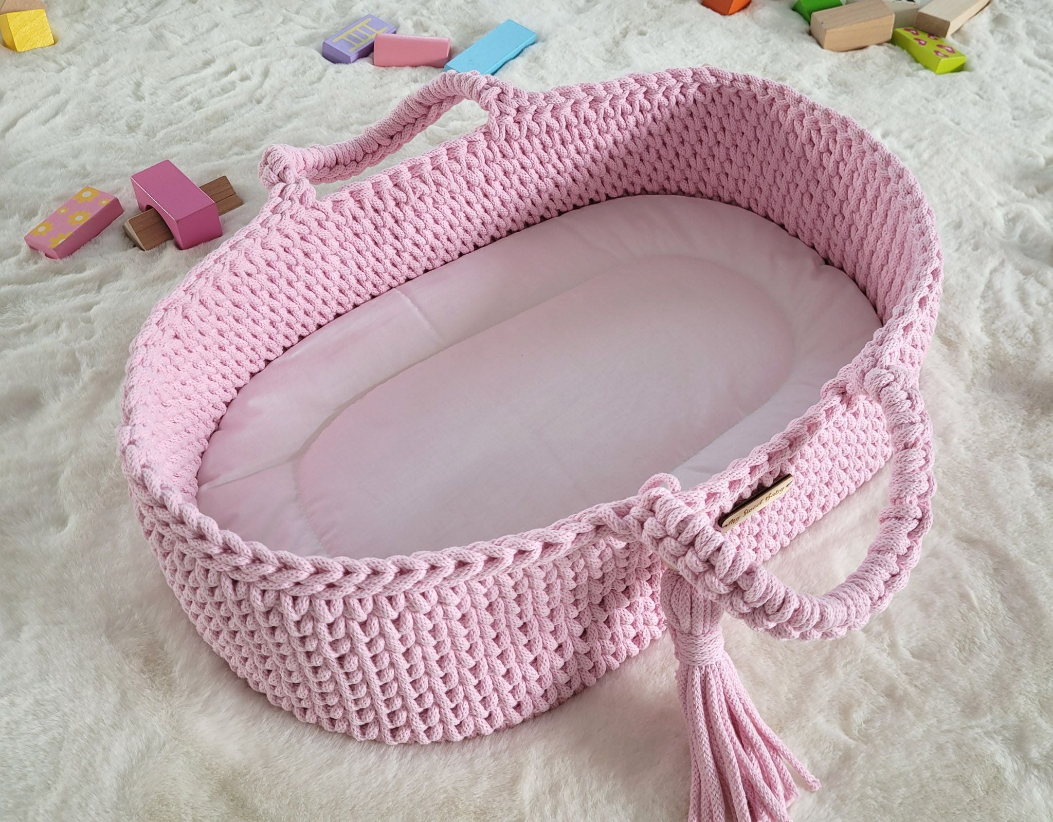Moses basket BOHO cotton doll carrier with cradle - pink
