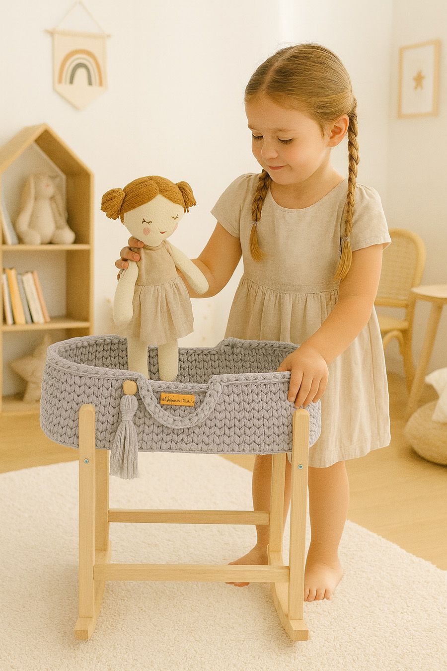 Moses basket BOHO cotton doll carrier with cradle - light grey