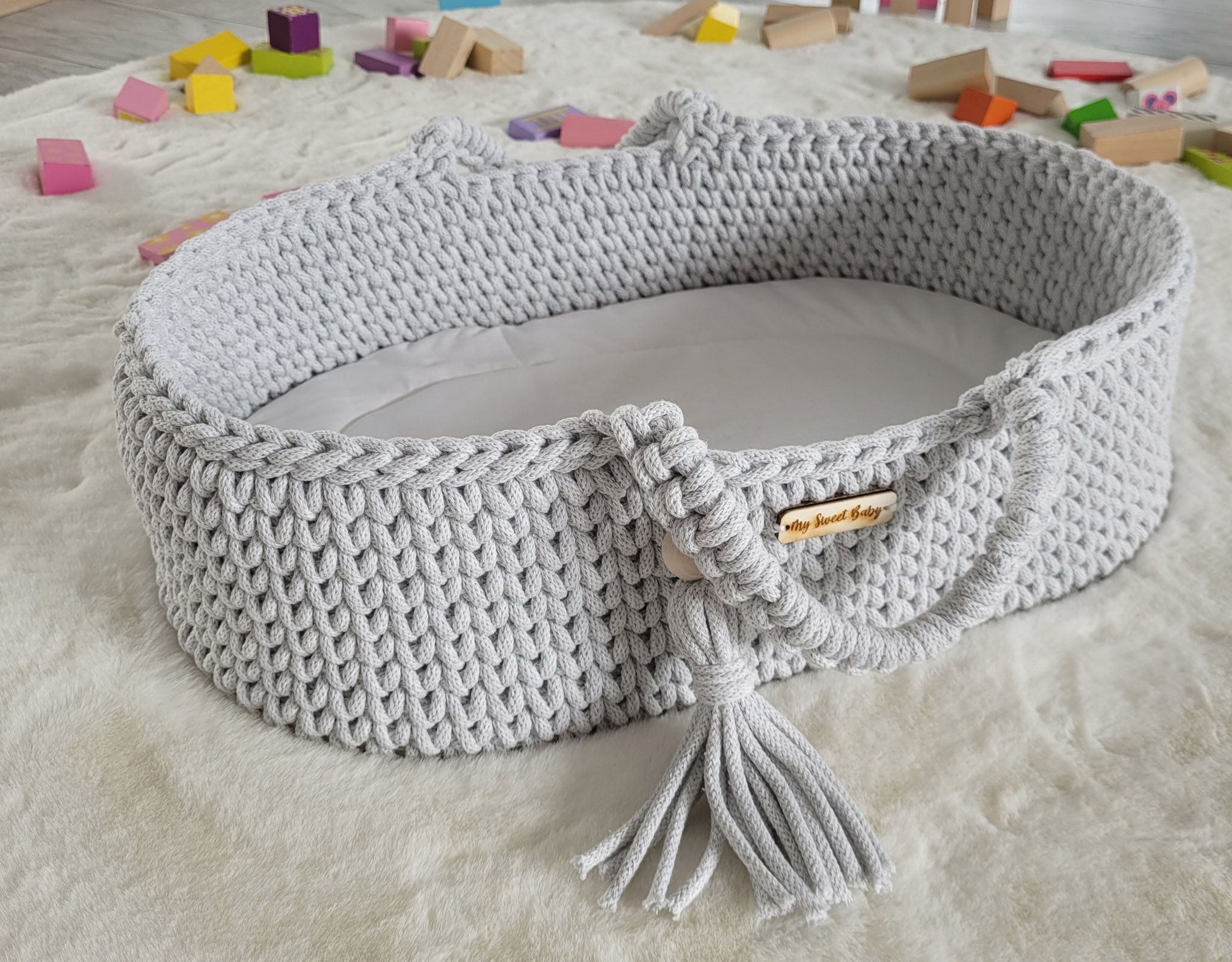 Moses basket BOHO cotton - doll carrier - light grey