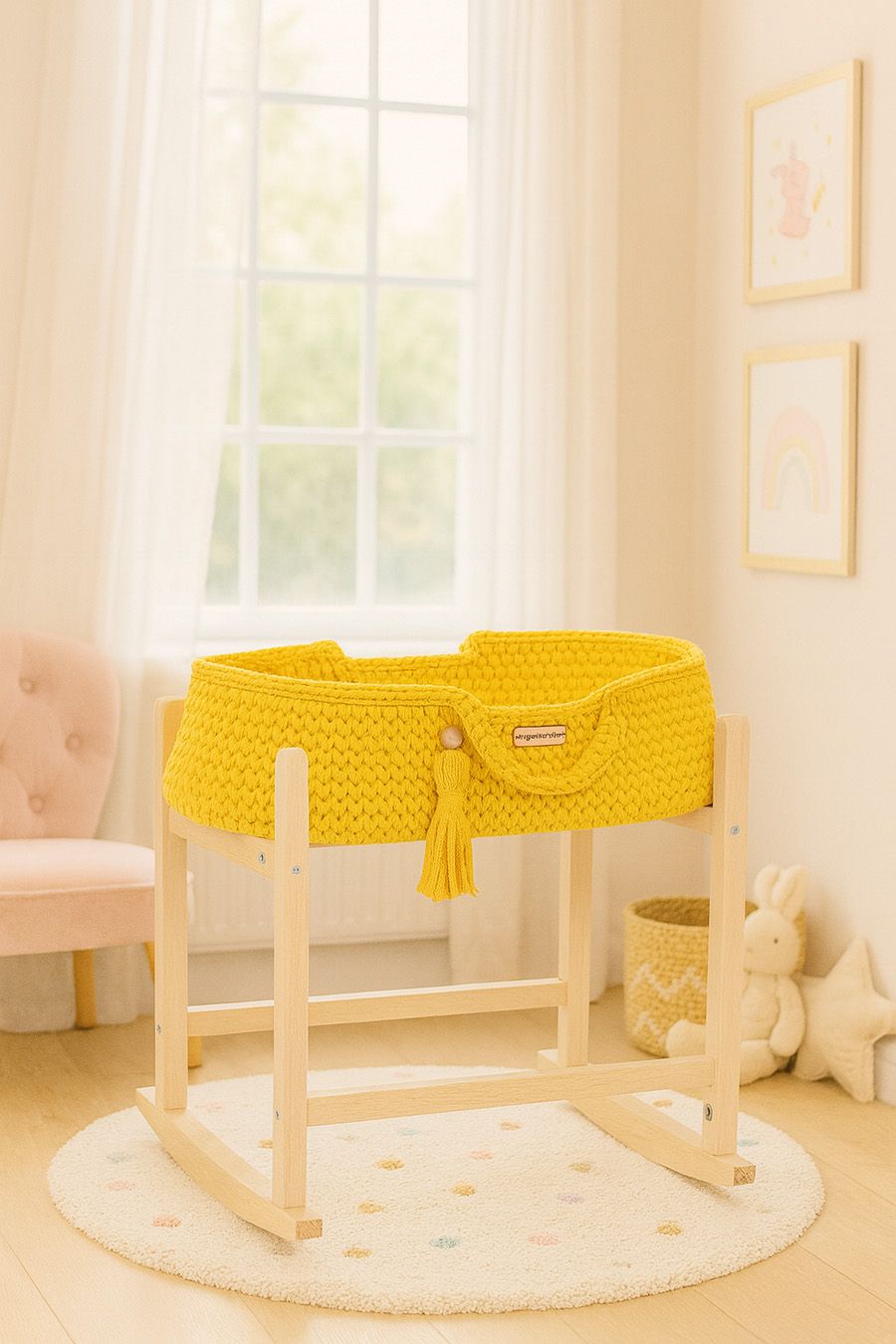 Moses basket BOHO cotton doll carrier with cradle - yellow