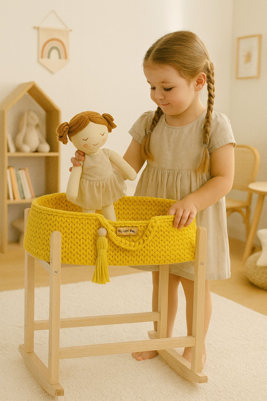 Moses basket BOHO cotton doll carrier with cradle - yellow