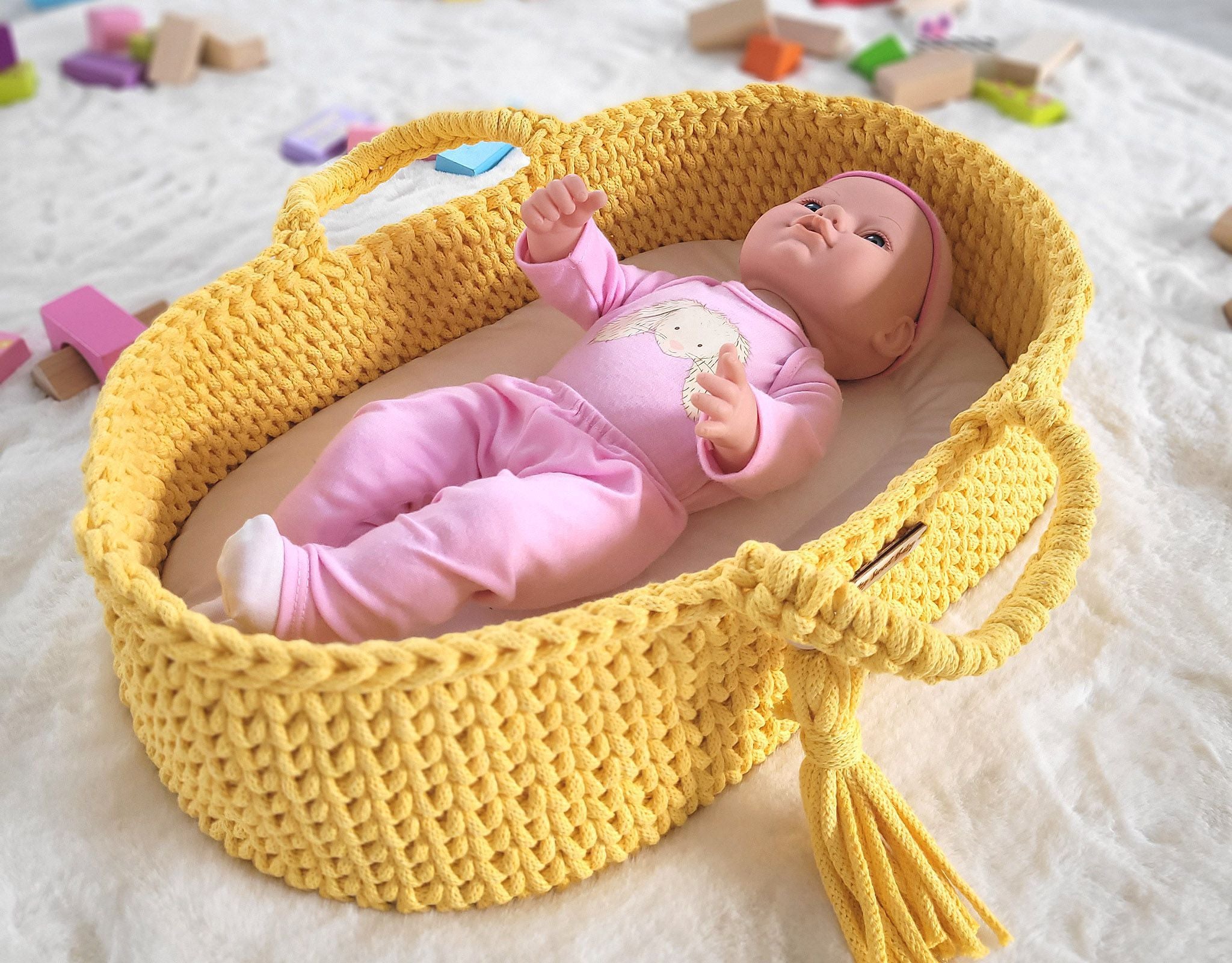 Moses basket BOHO cotton doll carrier with cradle - yellow