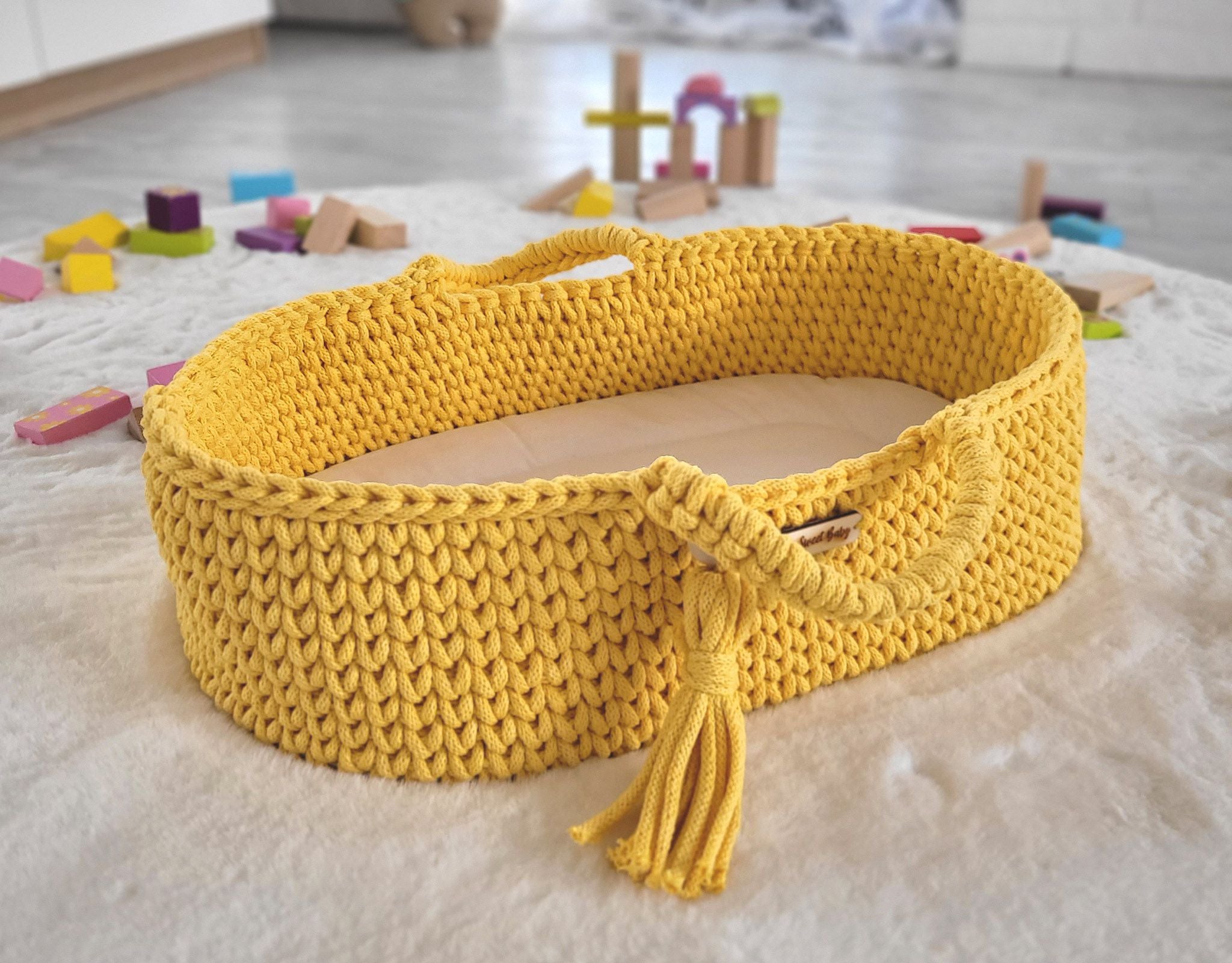 Moses basket BOHO cotton doll carrier with cradle - yellow