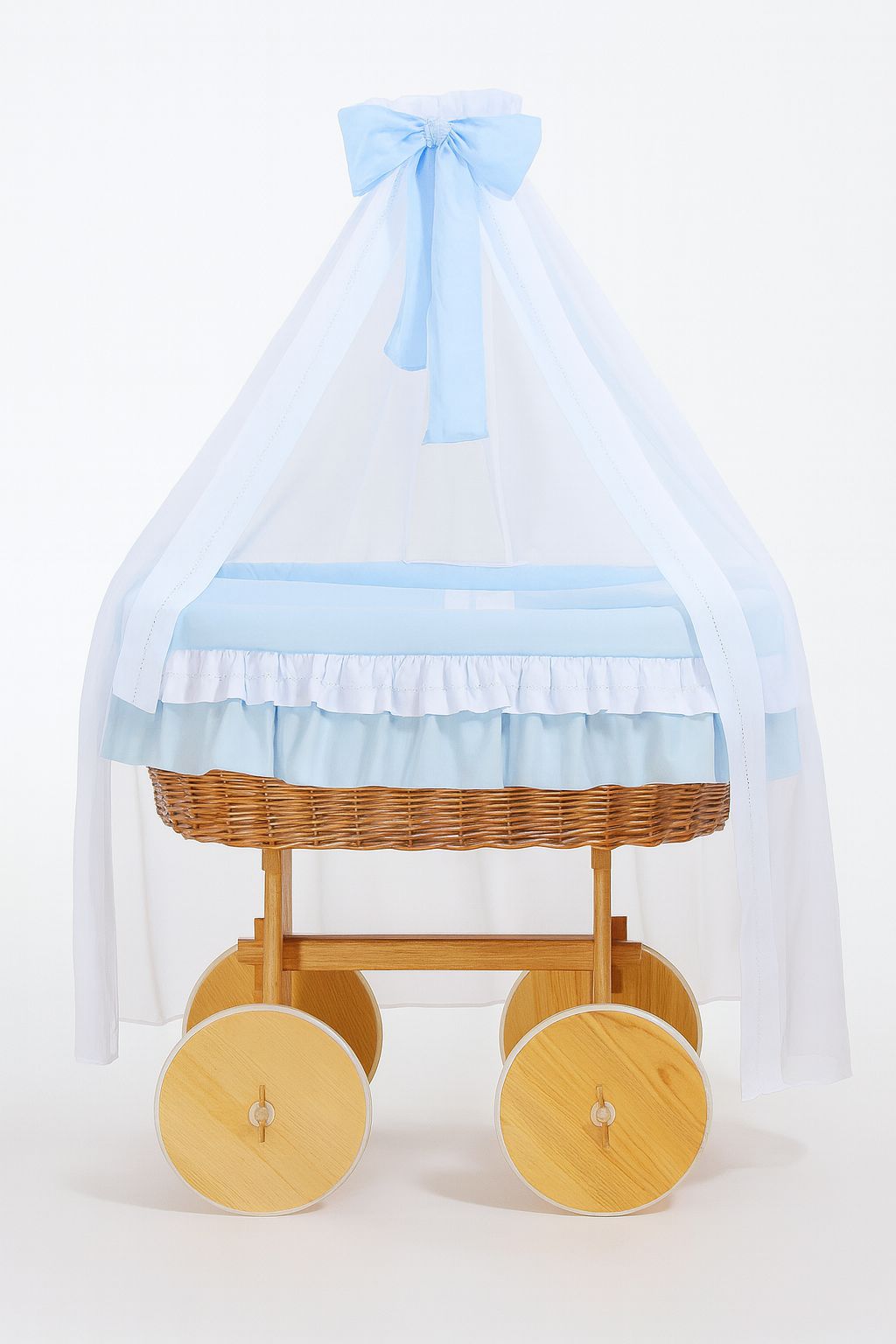 Moses Basket Wicker drape crib Deluxe Bellamy - natural + blue bedding