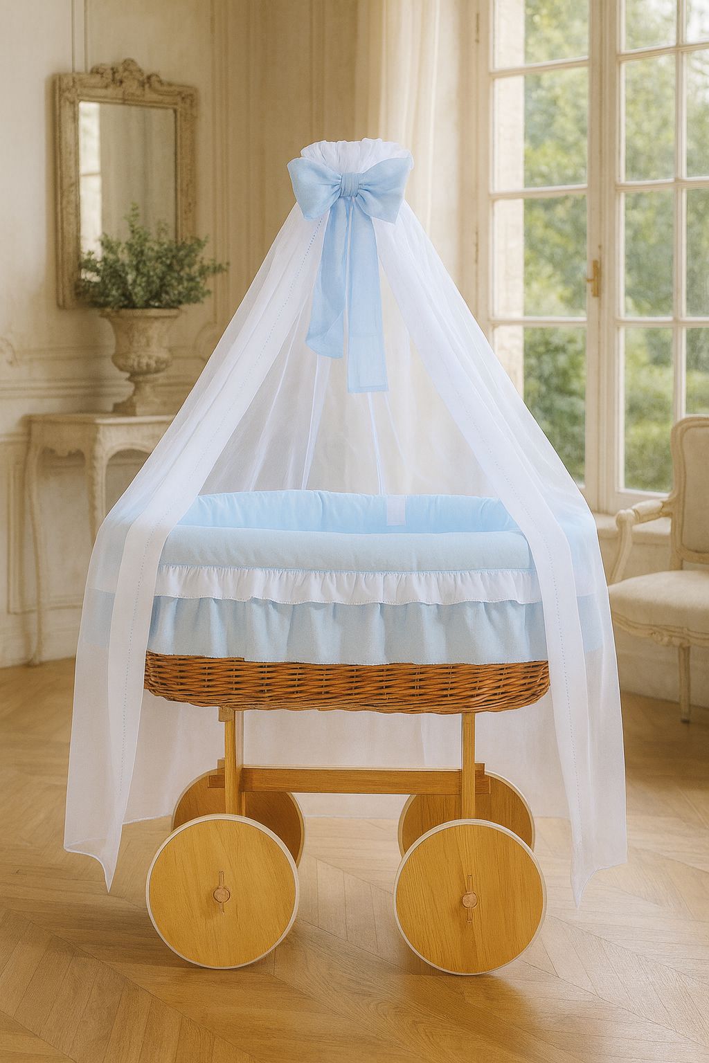 Moses Basket Wicker drape crib Deluxe Bellamy - natural + blue bedding