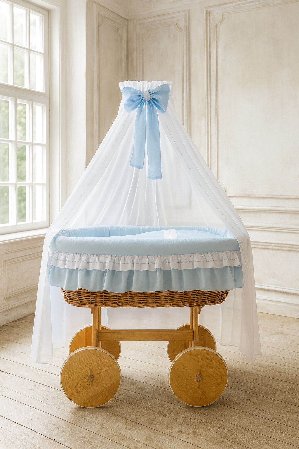 Moses Basket Wicker drape crib Deluxe Bellamy - natural + blue bedding