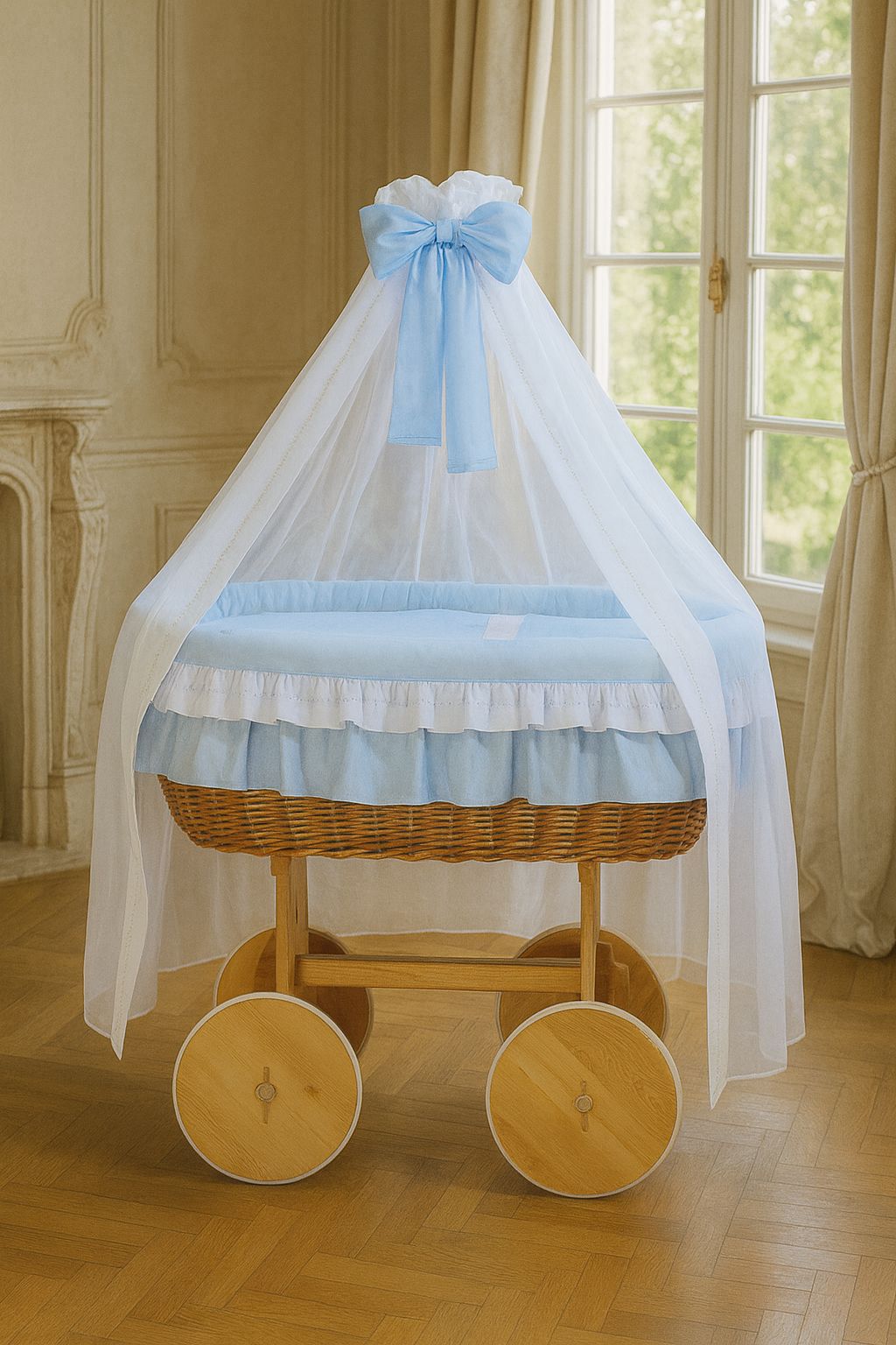 Moses Basket Wicker drape crib Deluxe Bellamy - natural + blue bedding