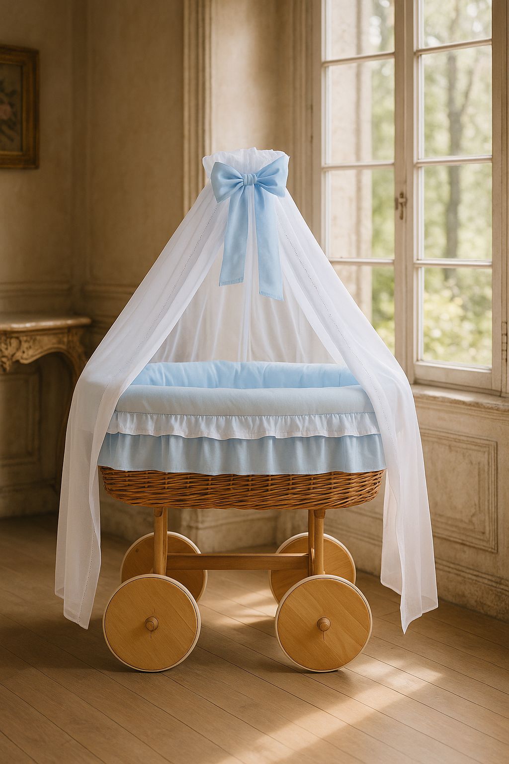 Moses Basket Wicker drape crib Deluxe Bellamy - natural + blue bedding