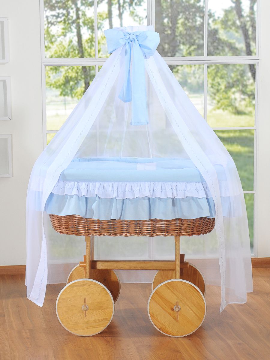 Moses Basket Wicker drape crib Deluxe Bellamy - natural + blue bedding