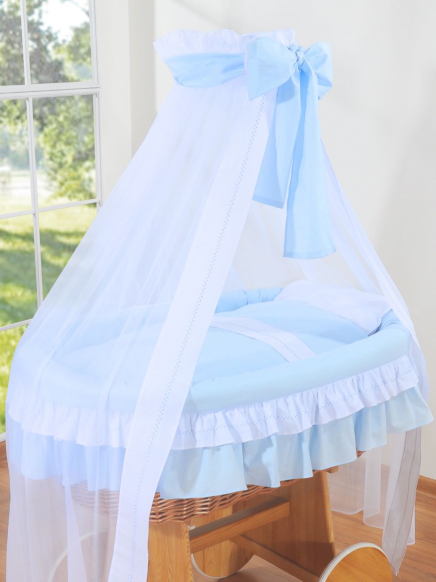 Moses Basket Wicker drape crib Deluxe Bellamy - natural + blue bedding