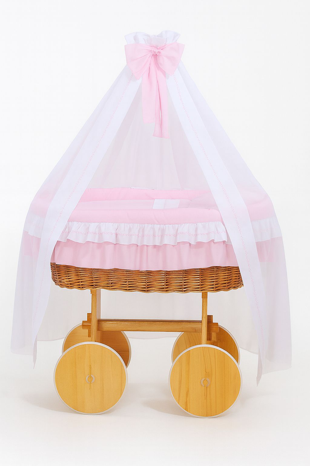 Moses Basket Wicker drape crib Deluxe Bellamy - natural + pink bedding