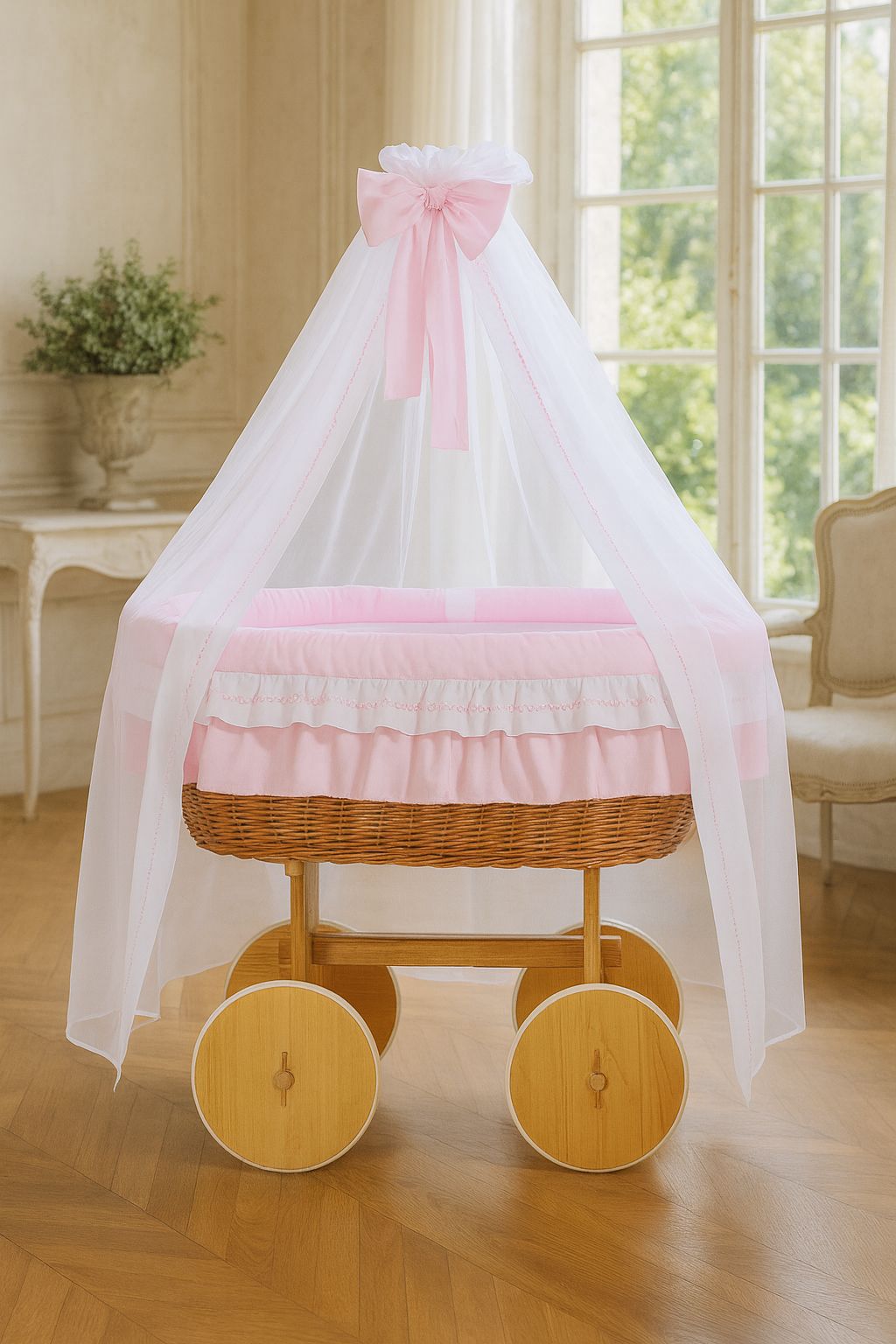 Moses Basket Wicker drape crib Deluxe Bellamy - natural + pink bedding