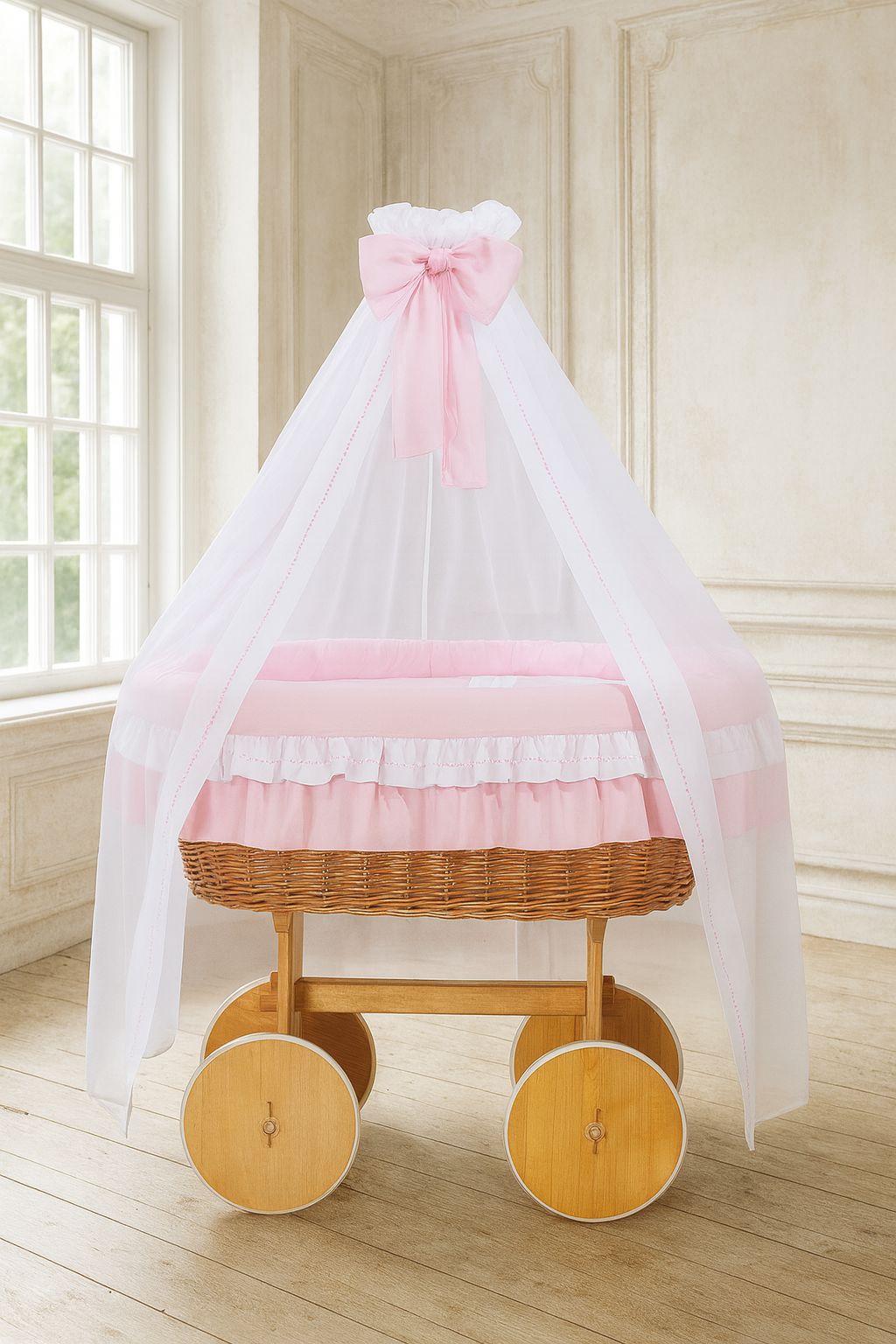 Moses Basket Wicker drape crib Deluxe Bellamy - natural + pink bedding