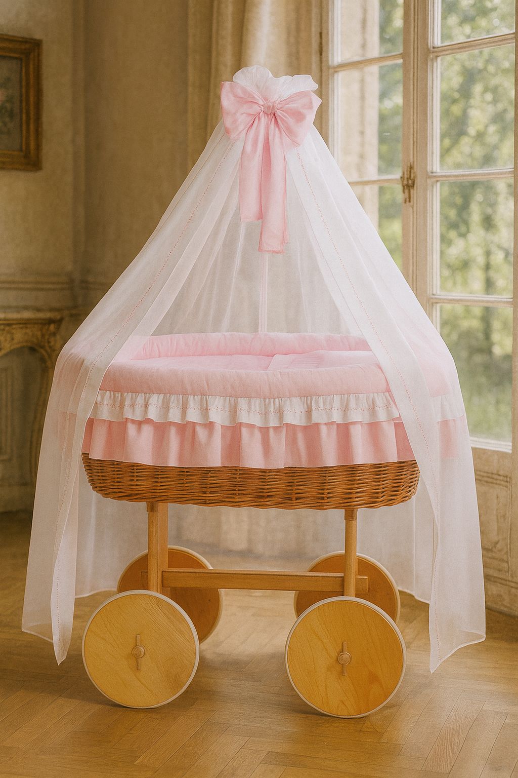 Moses Basket Wicker drape crib Deluxe Bellamy - natural + pink bedding