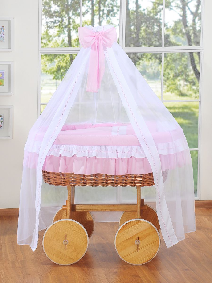 Moses Basket Wicker drape crib Deluxe Bellamy - natural + pink bedding