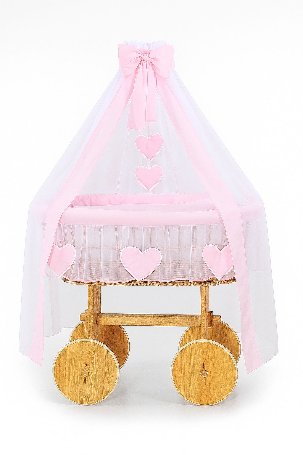 Moses Basket Wicker drape crib Deluxe Amelie - natural + pink bedding