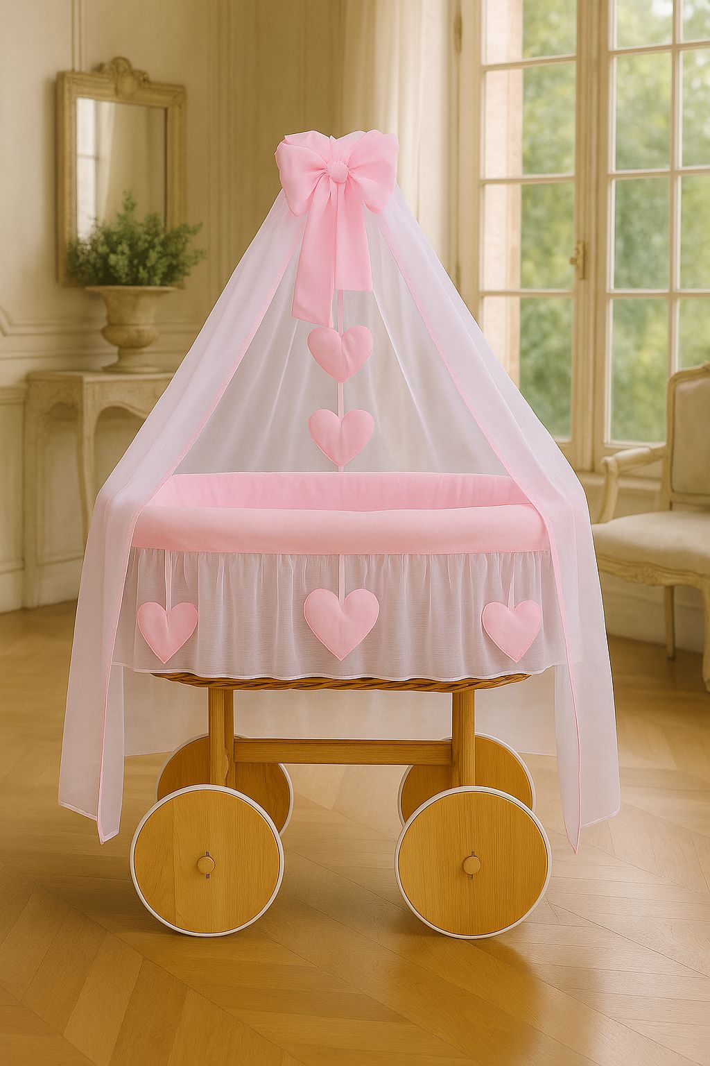 Moses Basket Wicker drape crib Deluxe Amelie - natural + pink bedding