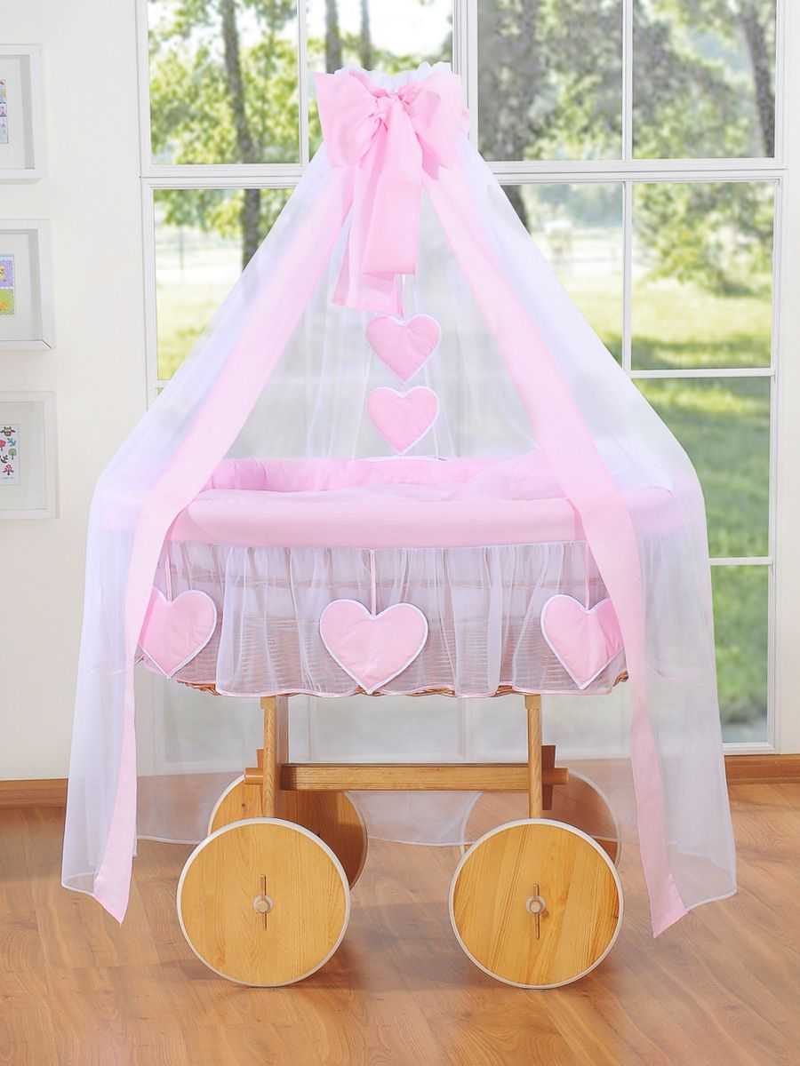 Moses Basket Wicker drape crib Deluxe Amelie - natural + pink bedding