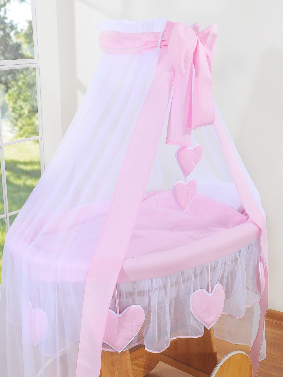 Moses Basket Wicker drape crib Deluxe Amelie - natural + pink bedding