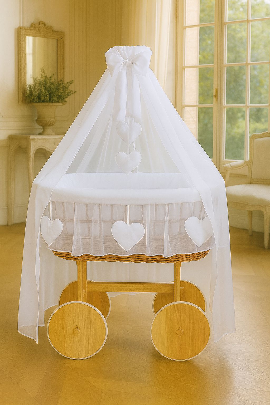 Moses Basket Wicker drape crib Deluxe Amelie - natural + white bedding